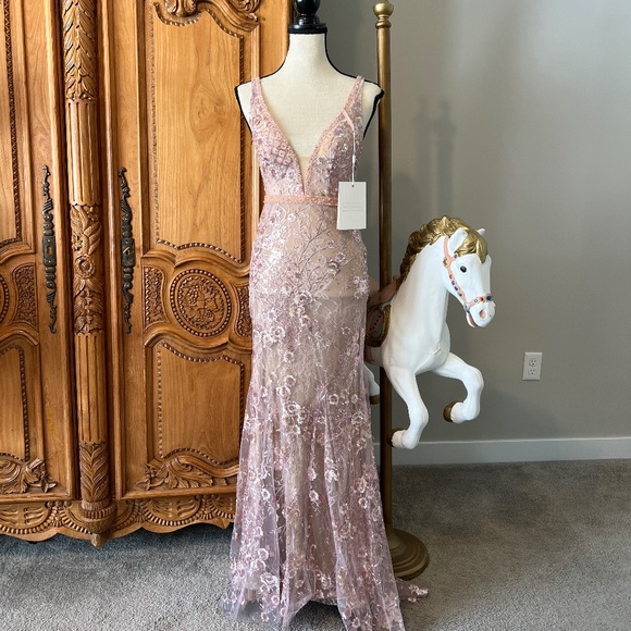 Mac Duggal [0] 67481 Rose Pink Floral Long Gown Dress Embellished Plunge Neck - Picture 1 of 11